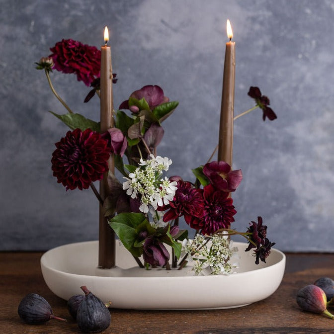 Ceramic Flower Frog Bowl & Taper Candle Holder